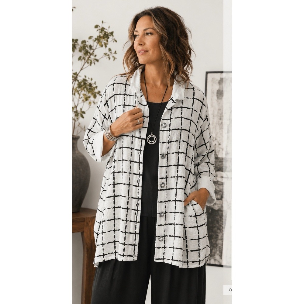 Vintage Ali Miles Textured Grid Print‎ Jacket Womens 2X Black White Button Front
